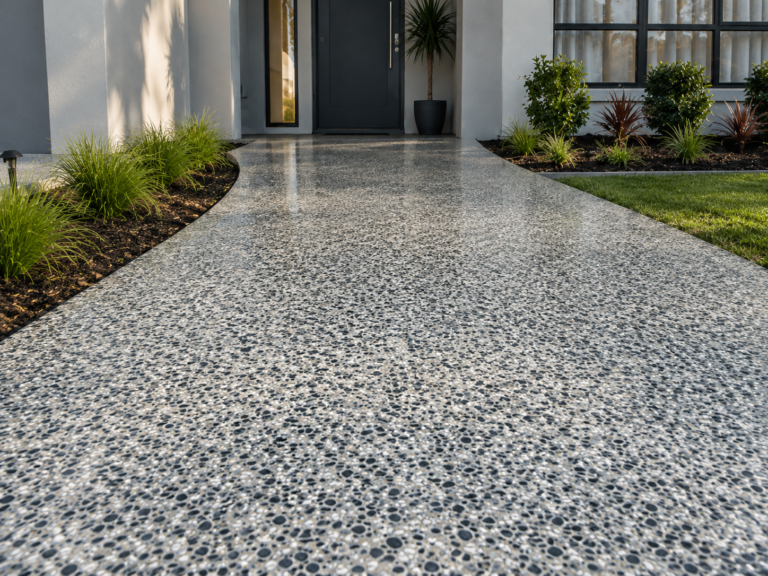 Close-up of a freshly finished grey resin flooring walkway at a Bellevue Hill NSW home, showing a glossy textured path leading to a modern black front door, landscaped garden beds, green lawn and black-framed windows.